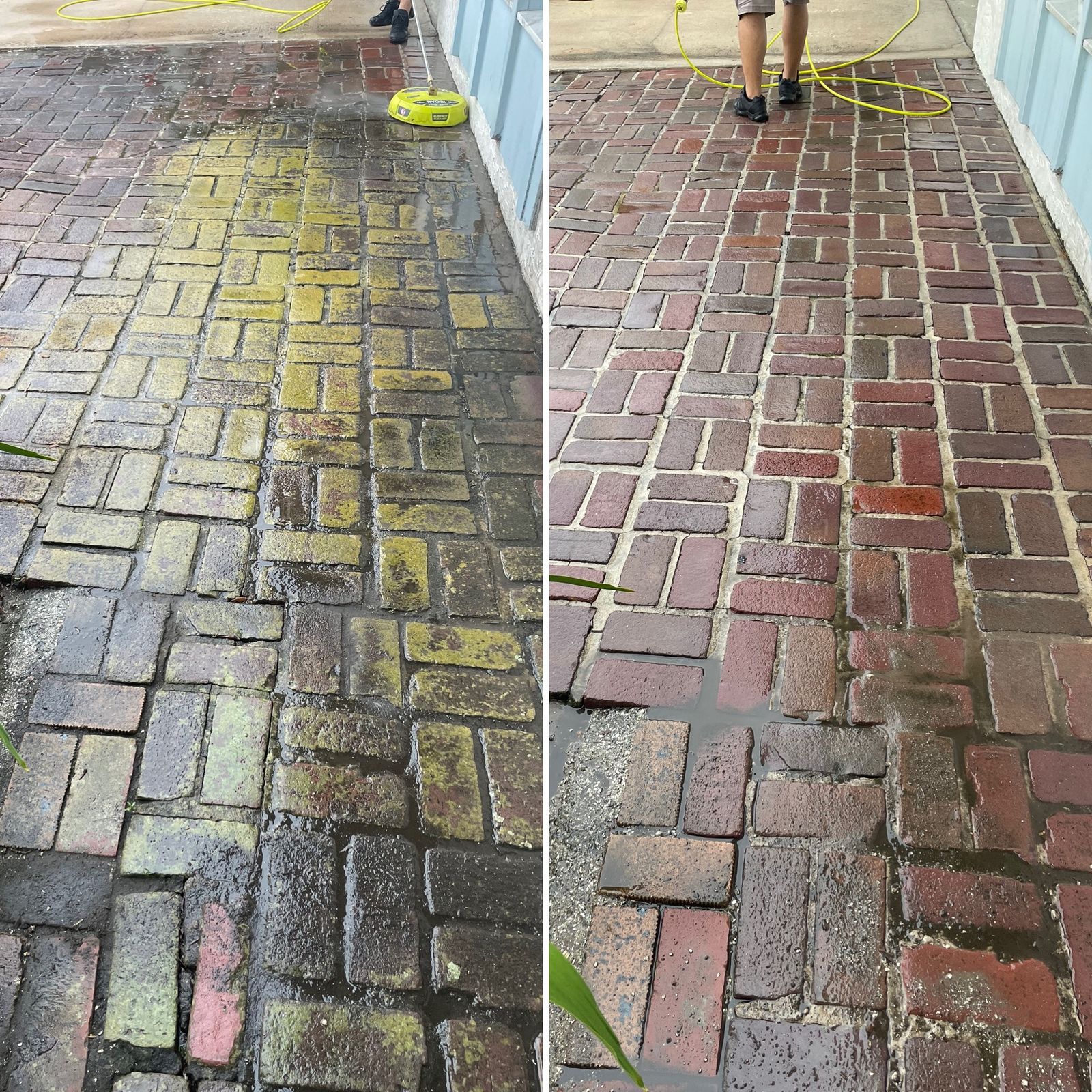 Pressure washing brick pavers before and after