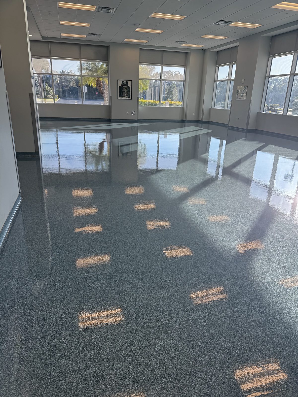 Polished commercial lobby floor with a high-gloss finish